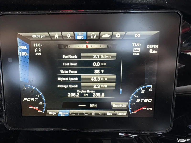 Slide: The Image of Yamaha Boats 212X 2020 dashboard display showing fuel, speed, and engine data. - 11