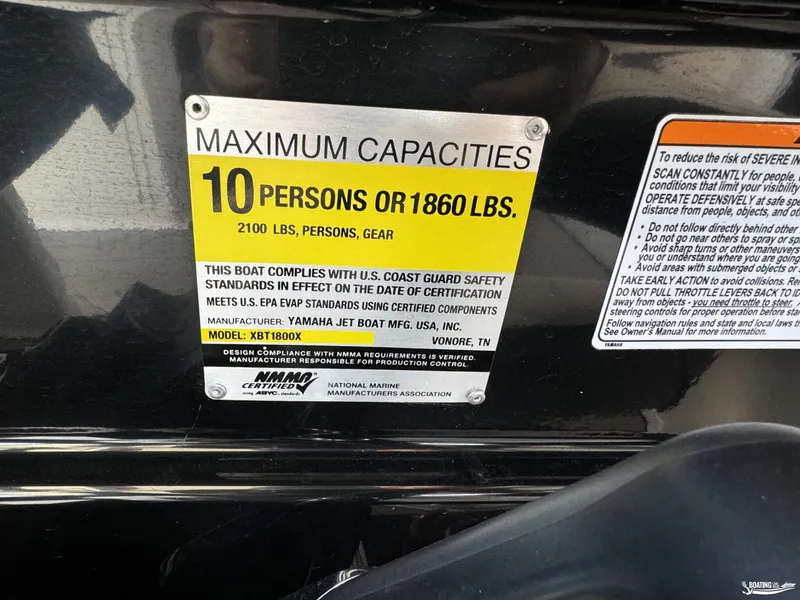 Slide: The Image of Yamaha Boats 2020 212X capacity label, maximum 10 persons or 1860 lbs. - 12