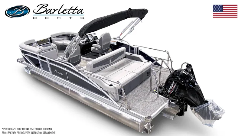 Slide: The Image of 2024 Barletta Cabrio 22UC pontoon boat with outboard motor and luxury seating. - 2
