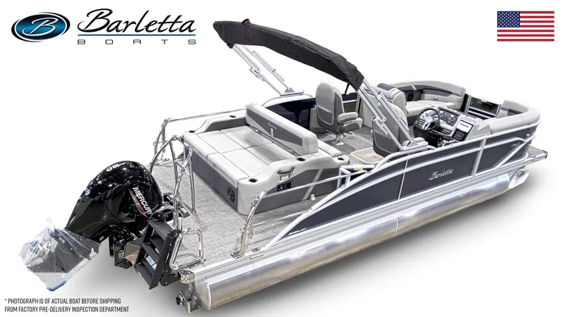 Slide: The Image of 2024 Barletta Cabrio 22UC pontoon boat with outboard motor and luxury seating. - 3