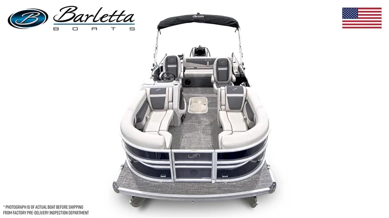 Slide: The Image of 2024 Barletta Cabrio 22UC pontoon boat, spacious seating, luxury design, and American flag. - 5