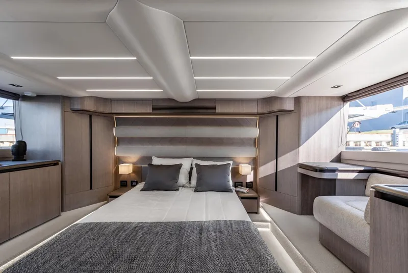 Slide: The Image of Luxurious bedroom interior of 2024 Galeon 560 Fly yacht with modern design. - 18