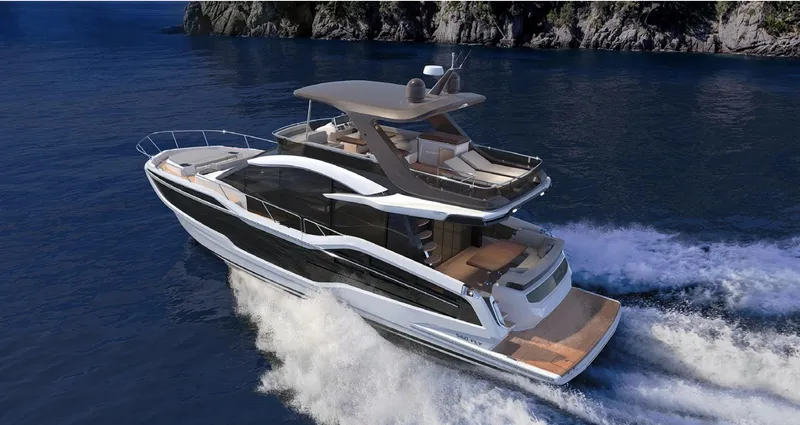 Slide: The Image of 2024 Galeon 560 Fly luxury yacht cruising on the ocean. - 22