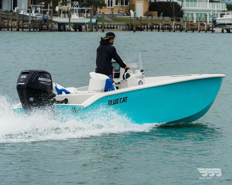 Slide: The Image of 2024 BlueCat 17 boat cruising on water with Mercury 115 outboard motor. - 2