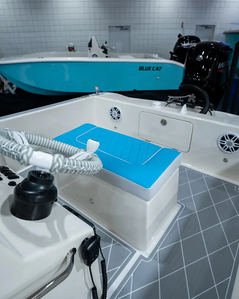 Slide: The Image of 2024 BlueCat 17 boat interior with blue seating and modern controls. - 8