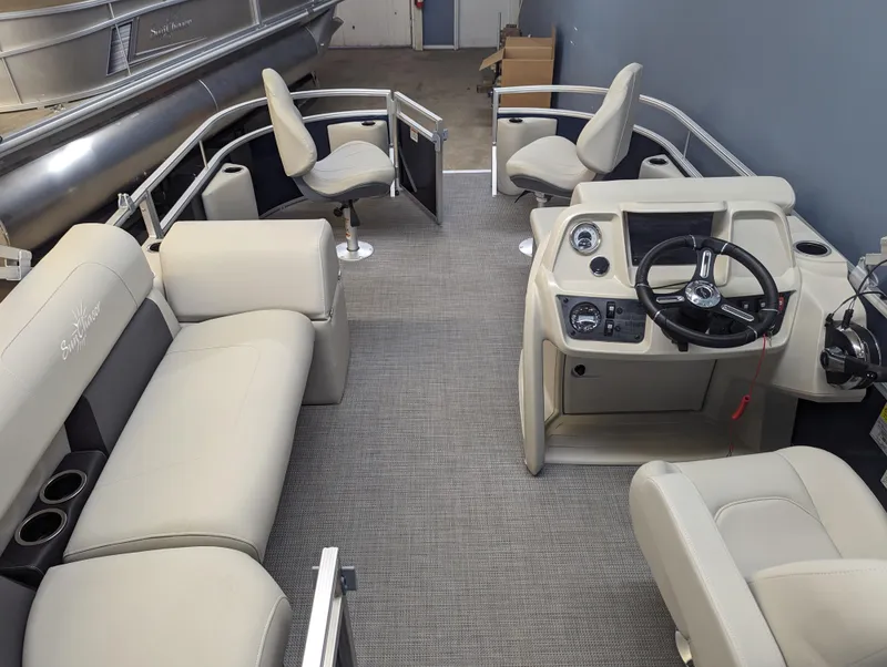 Slide: The Image of Interior of 2024 SunChaser Vista 16 Fish pontoon boat with seating and steering console. - 10