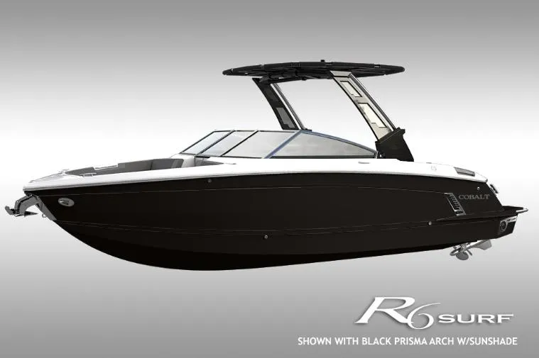 Slide: The Image of 2024 Cobalt R6 Surf boat with black Prisma arch and sunshade. - 22
