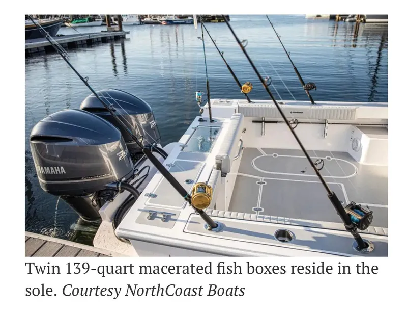 Slide: The Image of 2024 NorthCoast 255 Cabin boat with twin Yamaha engines and fishing rods. - 28
