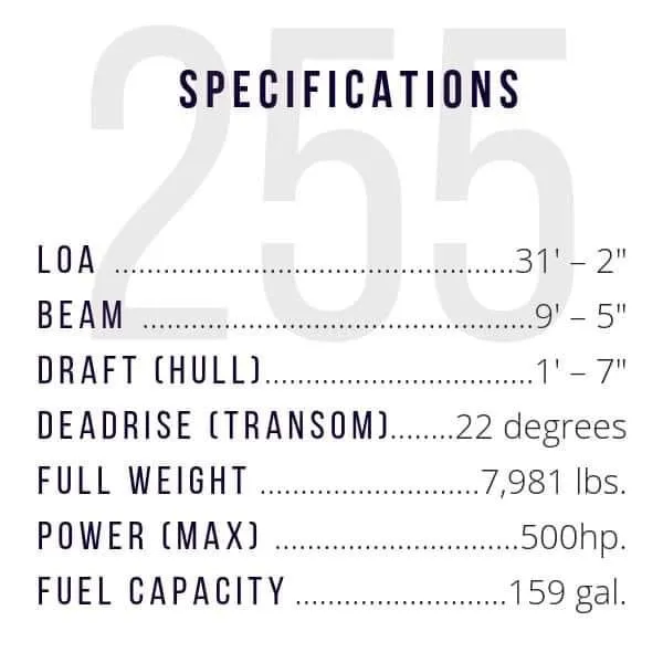 Slide: The Image of 2024 NorthCoast 255 Cabin specifications: LOA 31'2, Beam 9'5, Draft 1'7, - 3