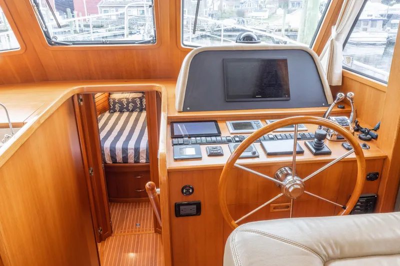 Slide: The Image of 2009 Grand Banks 41 Heritage Europa Stabilized helm station with wooden steering wheel and navigation equipment. - 2