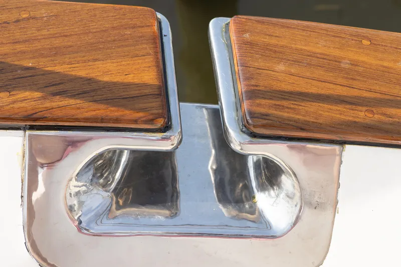 Slide: The Image of Close-up of polished metal and wood detail on 2009 Grand Banks 41 Heritage Europa. - 37