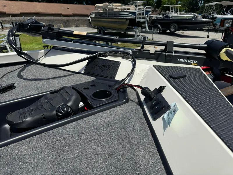 Slide: The Image of 2024 Ranger RT178 boat deck with Minn Kota trolling motor. - 4