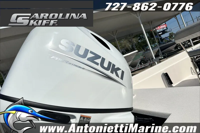 Slide: The Image of 2024 Carolina Skiff E21 DLX CC with Suzuki outboard motor, Antonietti Marine contact details. - 9
