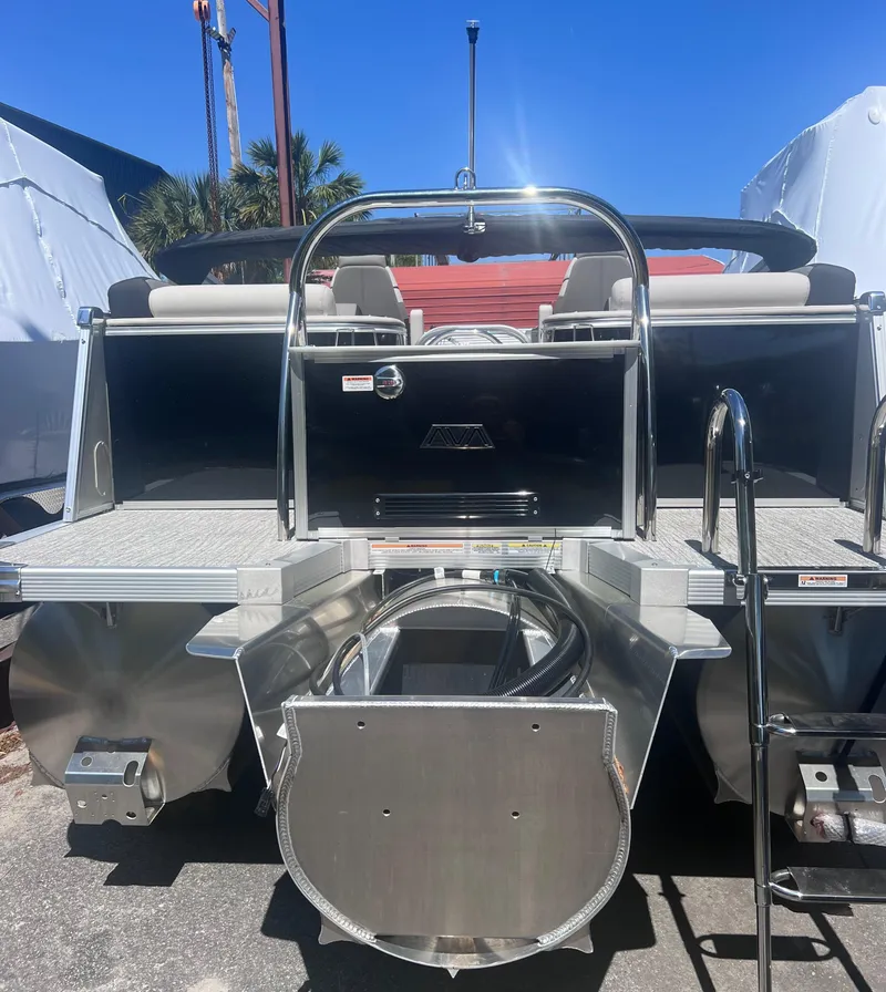 Slide: The Image of 2024 Avalon Catalina Quad Lounge 23' pontoon boat rear view. - 3