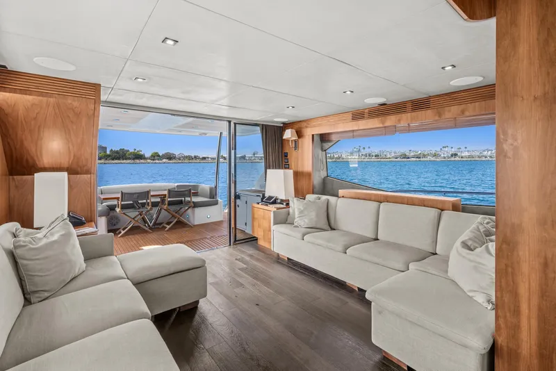 Slide: The Image of Interior of 2014 Sunseeker 75 Yacht with spacious seating and ocean view. - 1
