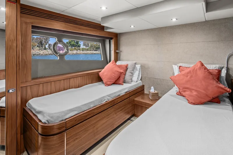 Slide: The Image of Luxurious twin cabin interior of 2014 Sunseeker 75 Yacht with modern design and waterfront view. - 23