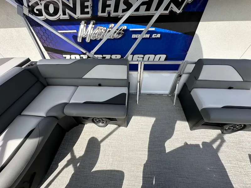Slide: The Image of 2024 Tahoe Pontoon Sport Cruise Bow Fish interior seating area. - 20