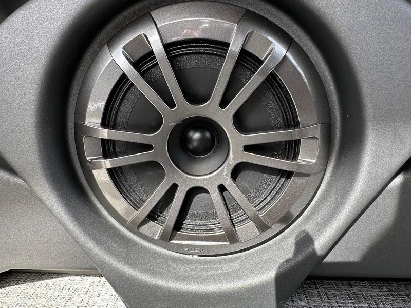 Slide: The Image of Close-up of a speaker on a 2024 Tahoe Pontoon Sport Cruise Bow Fish boat. - 24