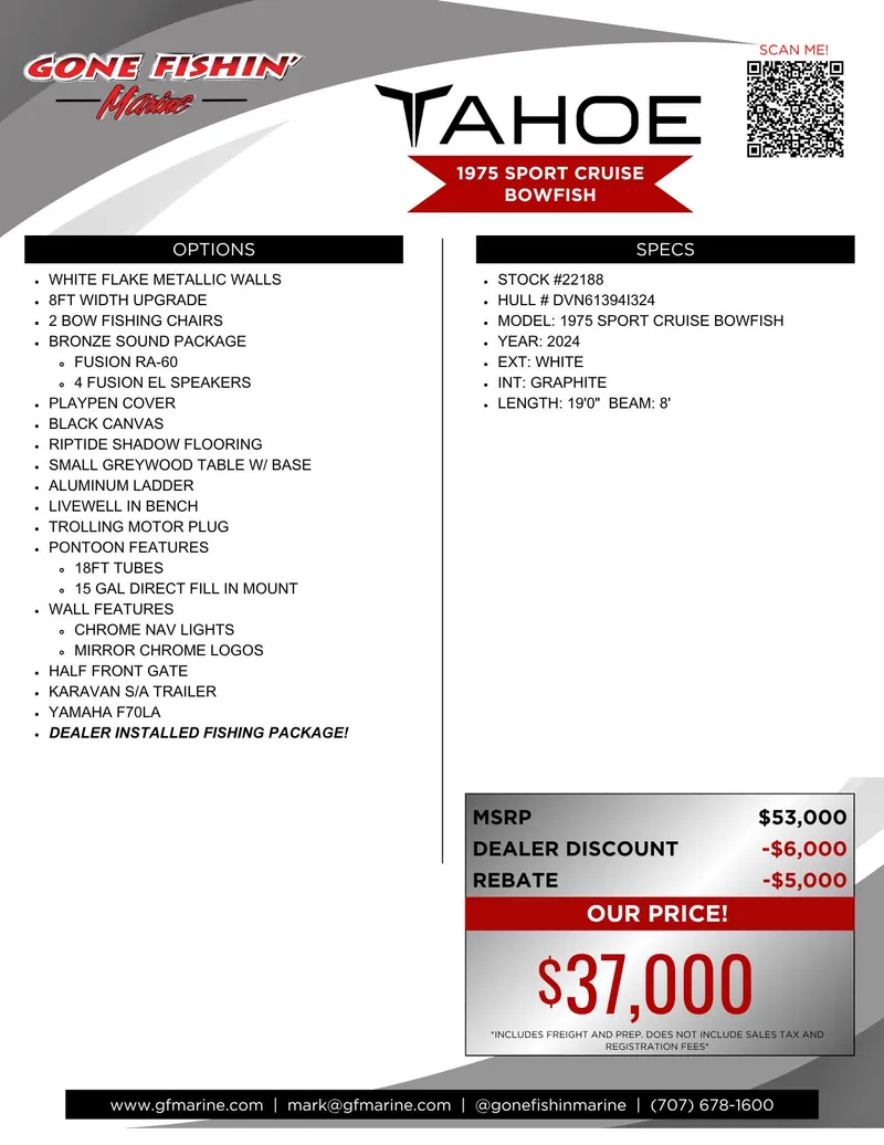 Slide: The Image of 2024 Tahoe Pontoon Sport Cruise Bow Fish features and pricing details. - 36
