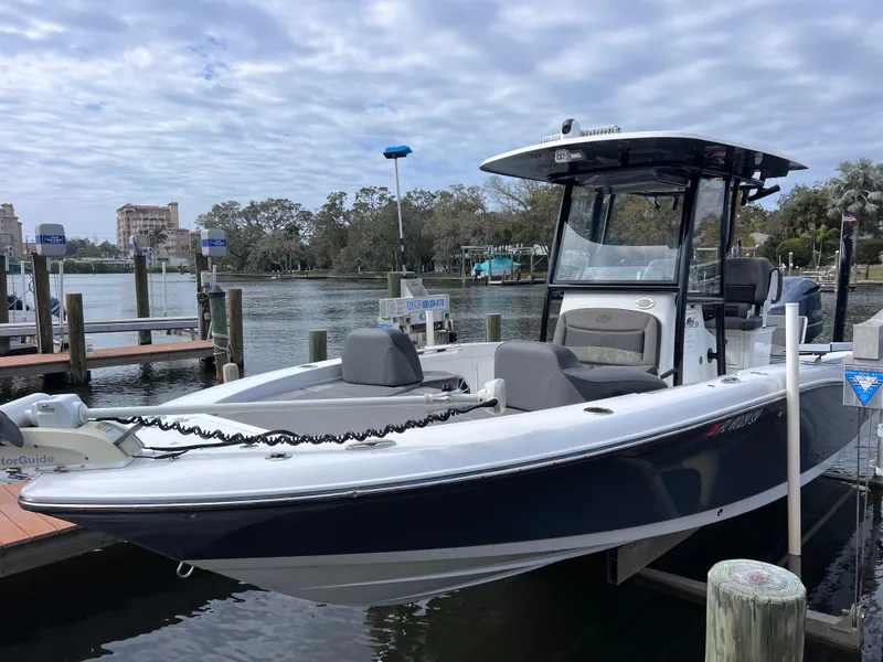Slide: The Image of 2020 Crevalle 26 HCO Yamaha 300 boat docked at marina. - 11