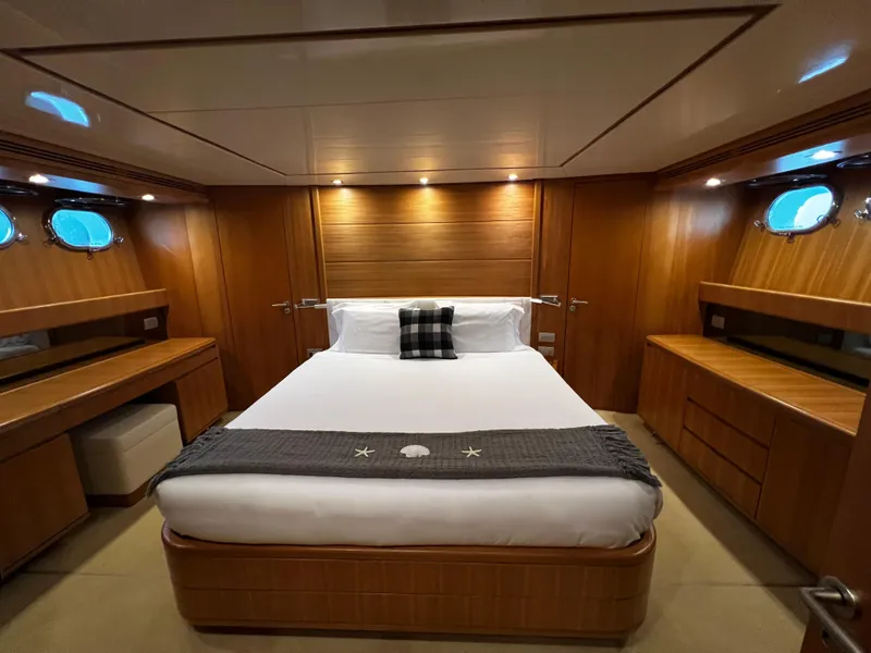 Slide: The Image of Luxurious master bedroom on 2006 Sanlorenzo SL72 yacht with wood paneling and modern lighting. - 5