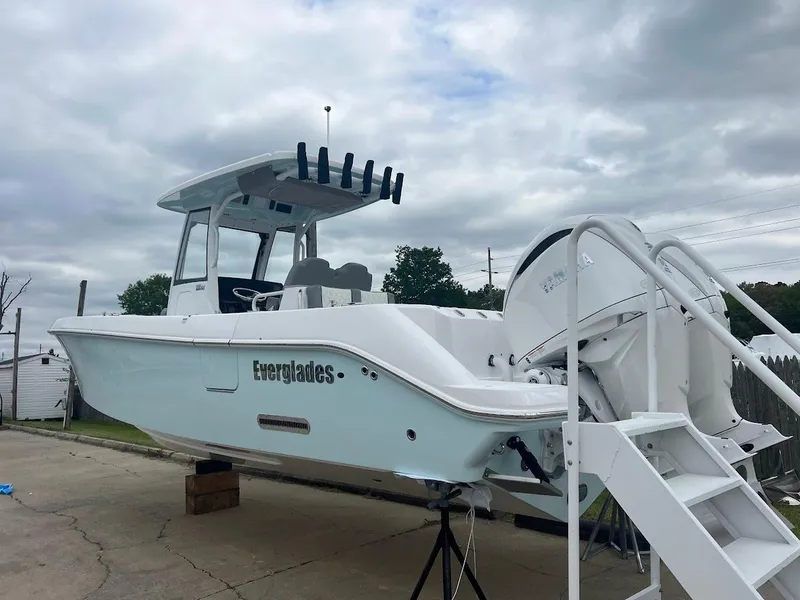 Slide: The Image of 2024 Everglades 285 Center Console boat on a stand, ready for launch. - 8