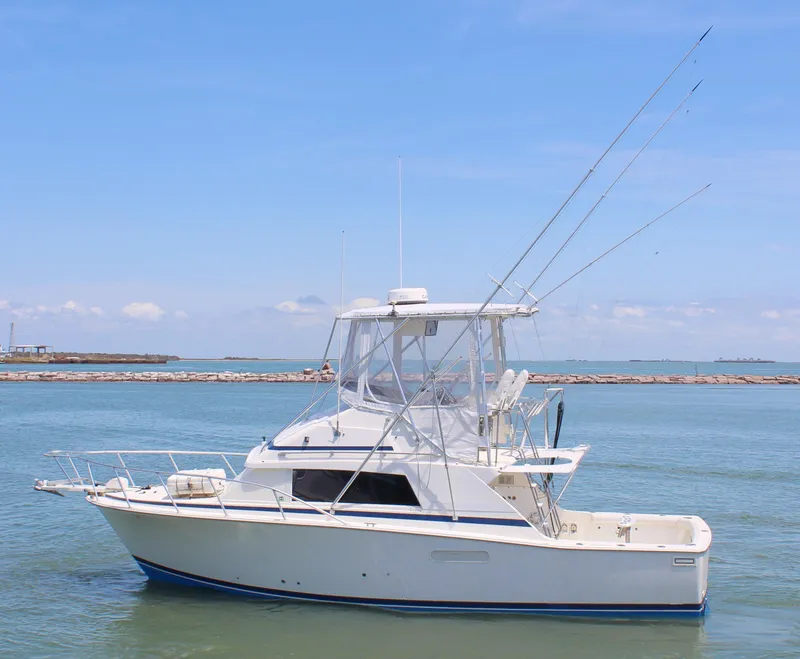 Slide: The Image of 1980 Bertram Sport Fisherman boat on calm waters under a clear blue sky. - 0
