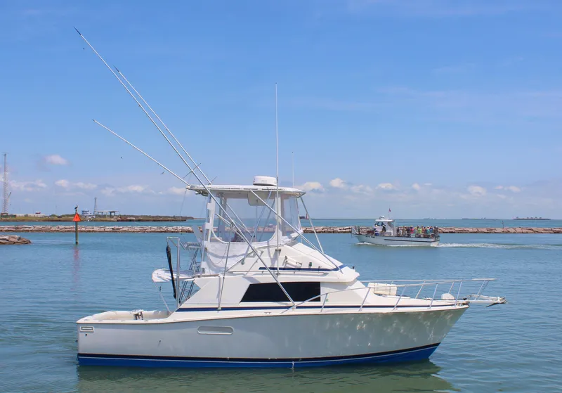 Slide: The Image of 1980 Bertram Sport Fisherman boat on calm water with clear blue sky. - 1