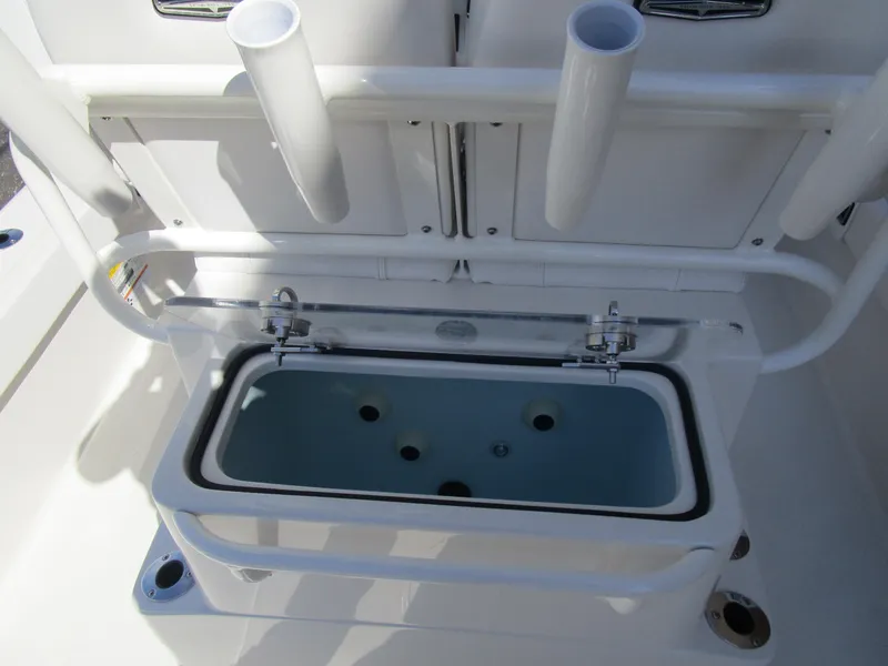 Slide: The Image of 2024 Ranger 2660 Bay boat livewell and rod holders. - 14