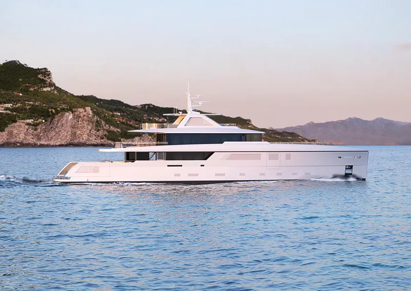Slide: The Image of 2025 Custom 150 Palm Beach yacht cruising near a coastal landscape. - 1