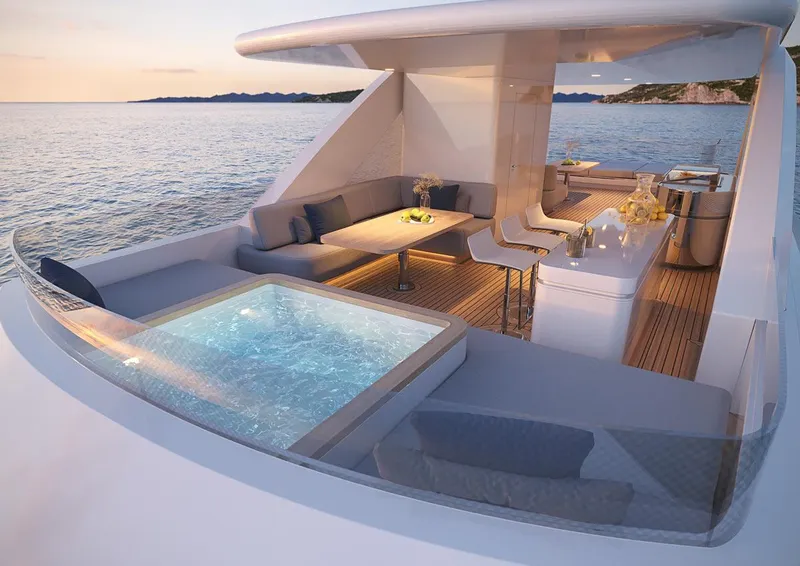Slide: The Image of Luxurious 2025 Custom 150 Palm Beach yacht with jacuzzi and elegant outdoor seating. - 11