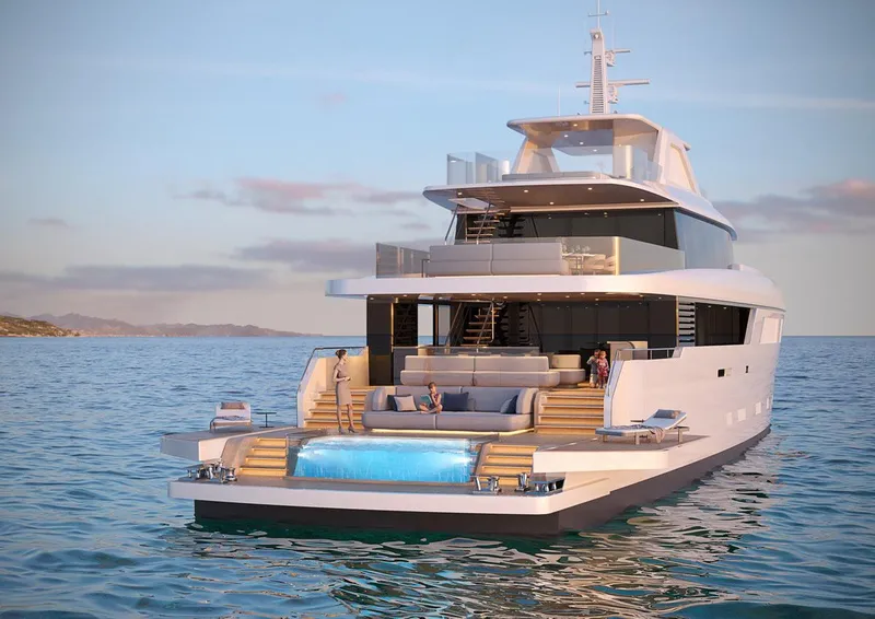 Slide: The Image of Luxury Custom 150 Palm Beach yacht 2025 with infinity pool at sunset. - 12