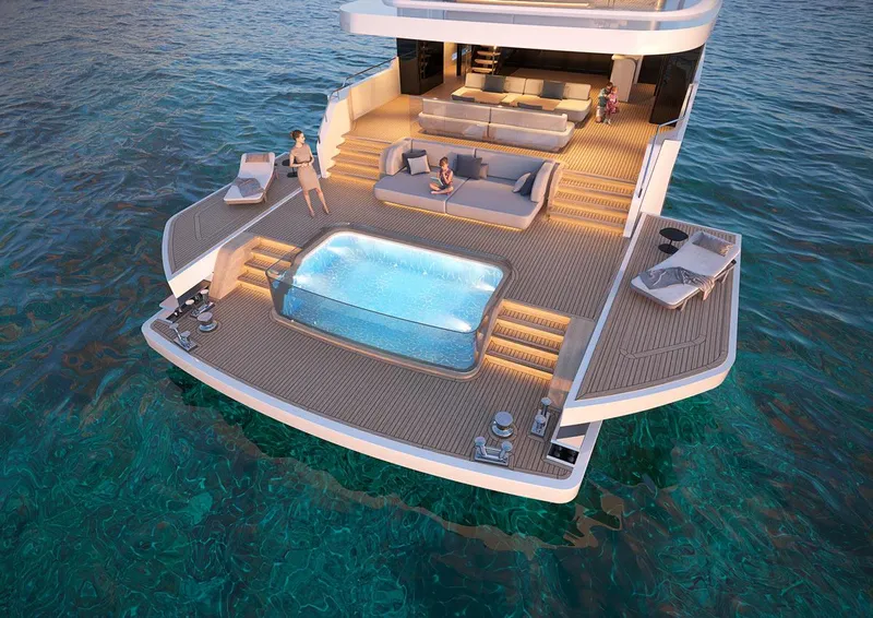 Slide: The Image of Luxury Custom 150 Palm Beach 2025 yacht with jacuzzi and lounge area on the water. - 13