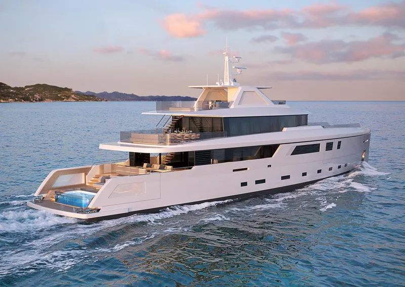 Slide: The Image of Custom 150 Palm Beach 2025 luxury yacht cruising at sunset. - 15