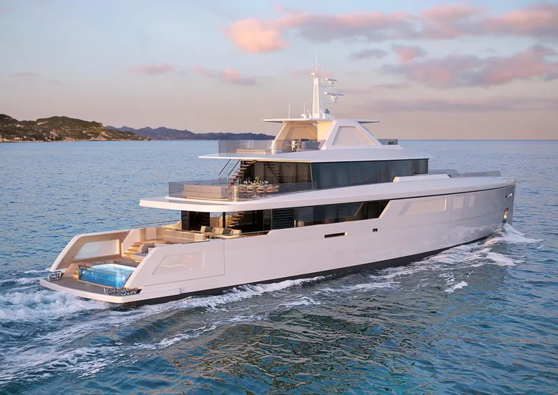 Slide: The Image of Luxury Custom 150 Palm Beach yacht cruising at sunset, 2025 model. - 2