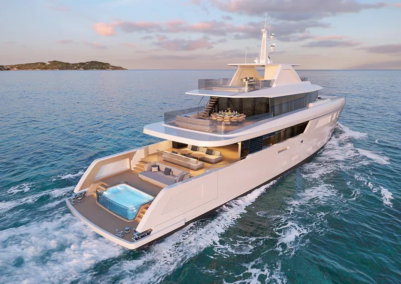 Slide: The Image of Luxury Custom 150 Palm Beach yacht 2025 cruising at sunset with jacuzzi and spacious deck. - 3
