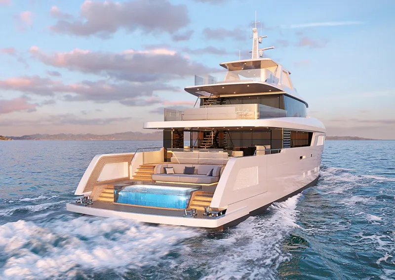 Slide: The Image of Luxury Custom 150 Palm Beach yacht cruising at sunset, 2025 model. - 4