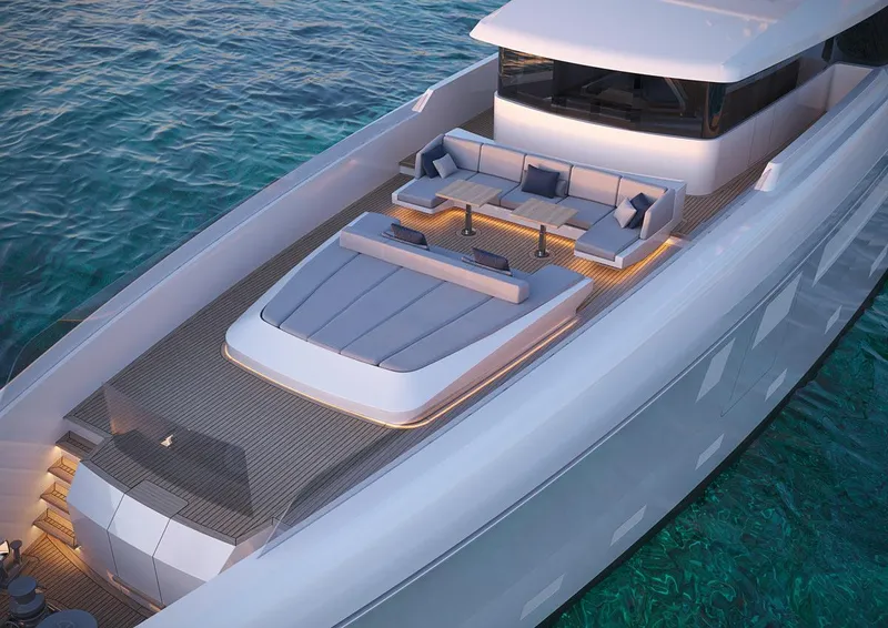 Slide: The Image of Modern 2025 Custom 150 Palm Beach yacht with luxurious deck seating and sleek design. - 8