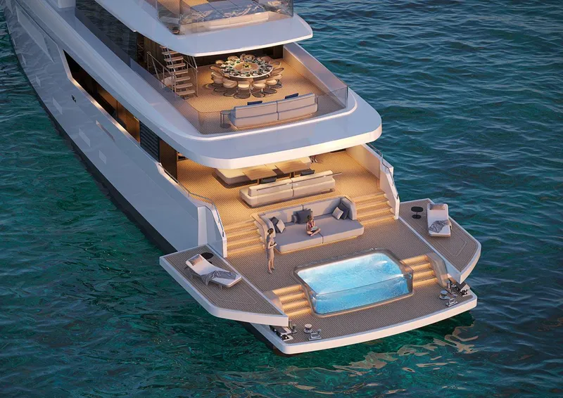 Slide: The Image of Luxury Custom 150 Palm Beach yacht 2025 with pool and lounge area on the ocean. - 9