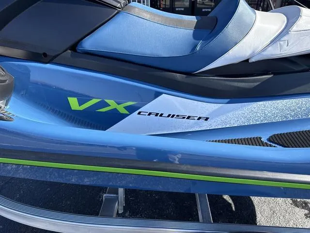 Slide: The Image of 2024 Yamaha Marine Waverunner VX Cruiser in Deepwater Blue, handlebar controls close-up. - 4