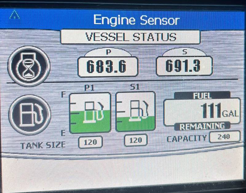 Slide: The Image of Engine sensor display showing vessel status and fuel levels for a 2009 Formula 400 Super Sport. - 12