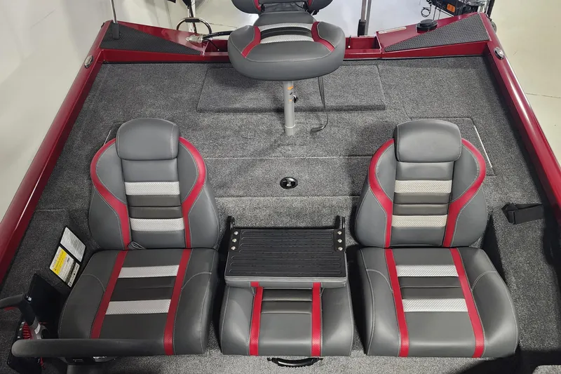 Slide: The Image of 2024 Ranger RT178 boat interior with gray and red seating. - 8