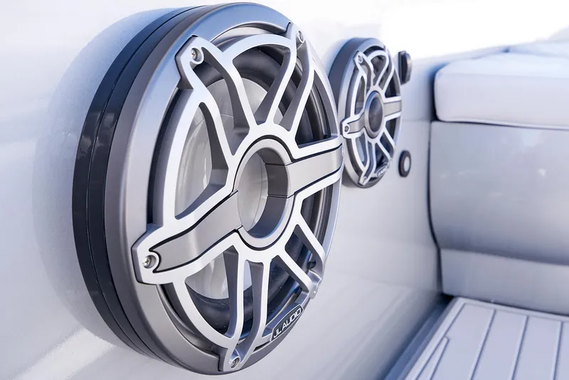 Slide: The Image of Close-up of speakers on a 2020 Midnight Express 37' Open boat. - 10