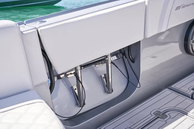 Slide: The Image of 2020 Midnight Express 37' Open boat interior detail with hydraulic components. - 15