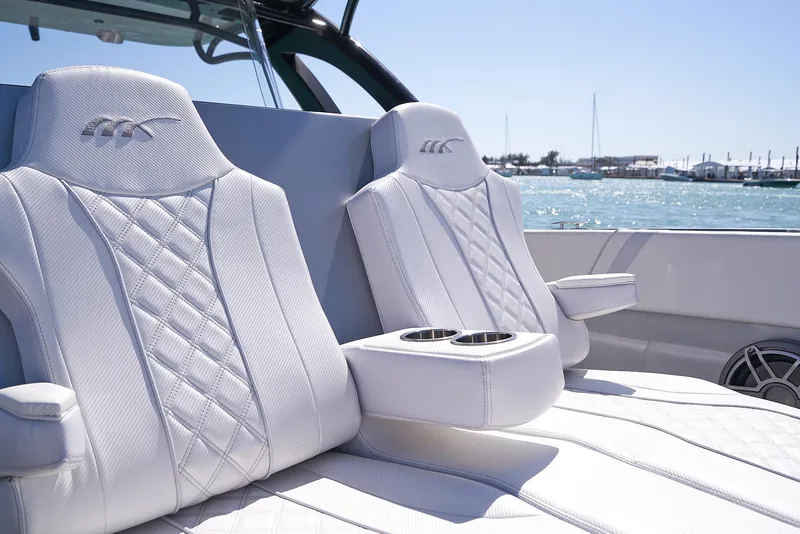 Slide: The Image of Luxurious seating on a 2020 Midnight Express 37' Open boat with ocean view. - 6