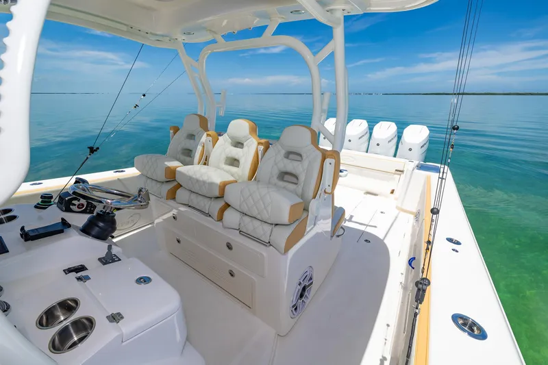 Slide: The Image of 2024 Blackwater 43 Sportfish boat interior with luxurious seating and ocean view. - 22