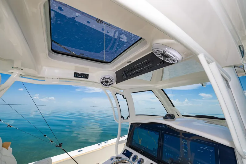 Slide: The Image of Interior view of 2024 Blackwater 43 Sportfish boat with ocean backdrop. - 40