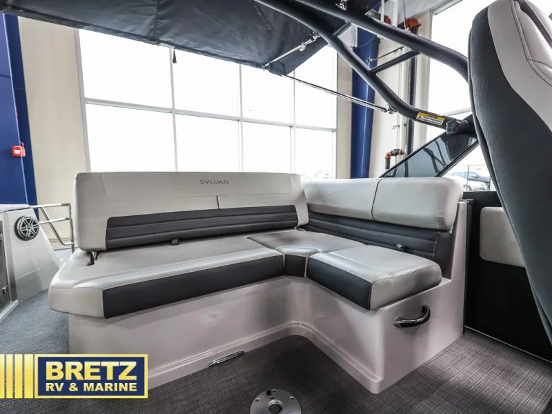 Slide: The Image of 2024 G3 CLZ DC boat interior with gray seating at Bretz RV & Marine showroom. - 16