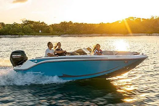 The Image of 2025 Bayliner Element M17 boat on trailer, black cover, outdoor setting. - 9