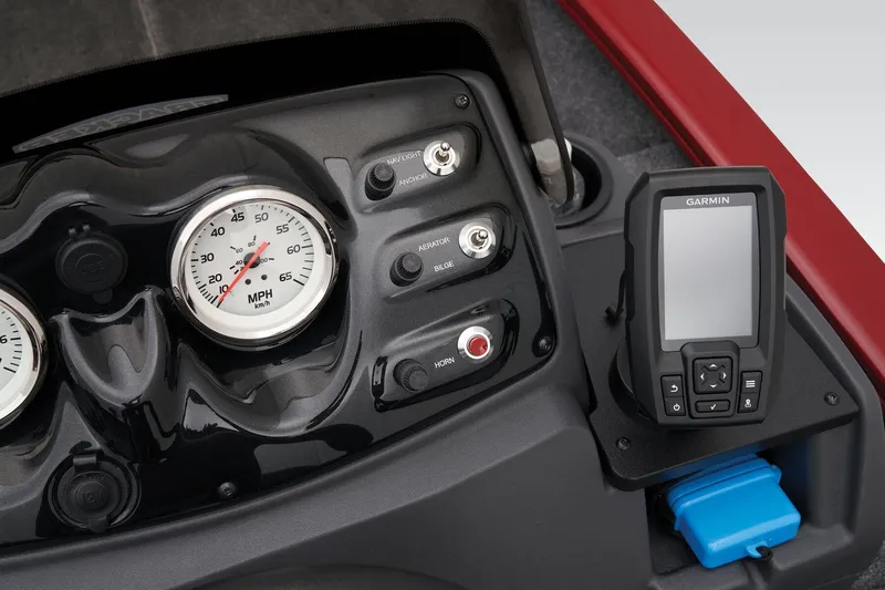 Slide: The Image of Dashboard of 2025 Tracker Super Guide V-16 SC with Garmin GPS and speedometer. - 17